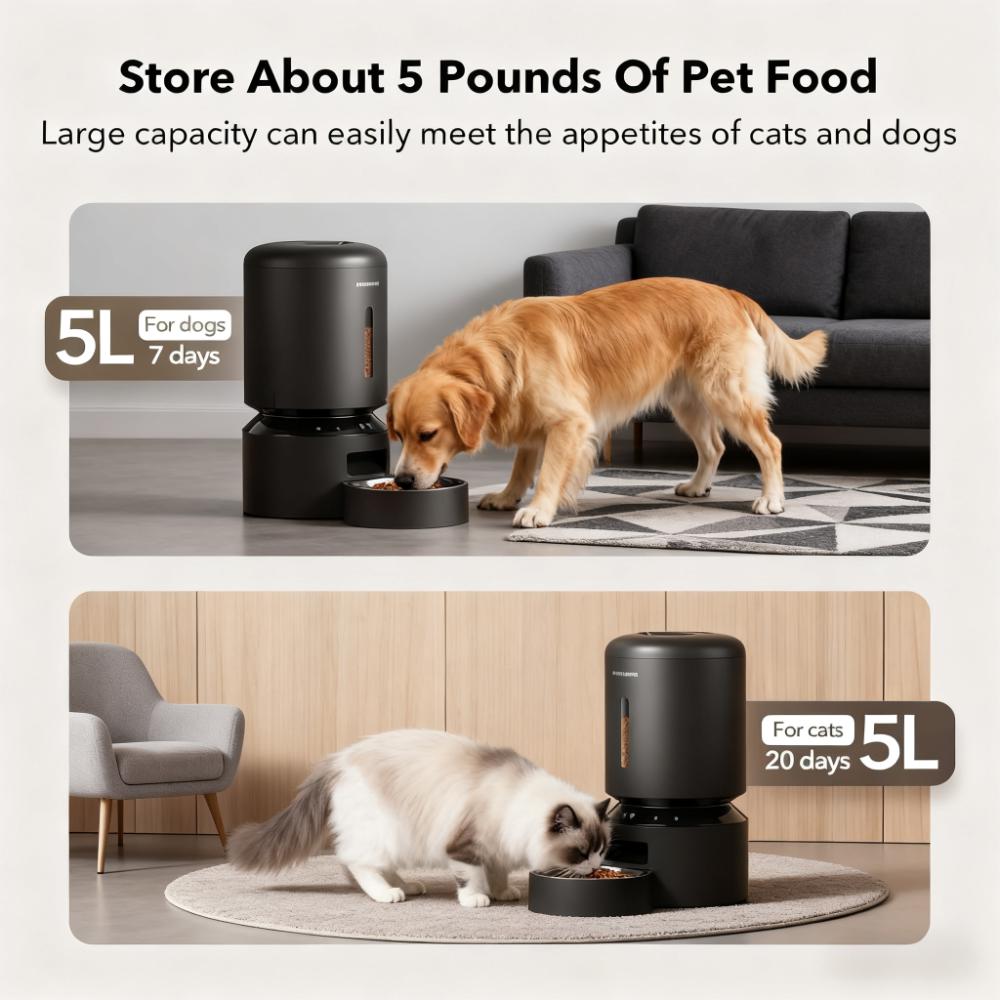 WiFi Smart Pet Food Dispenser, 5L Auto Feeder with Airtight Storage, Food Level Sensor & Up to 10 Daily Portions