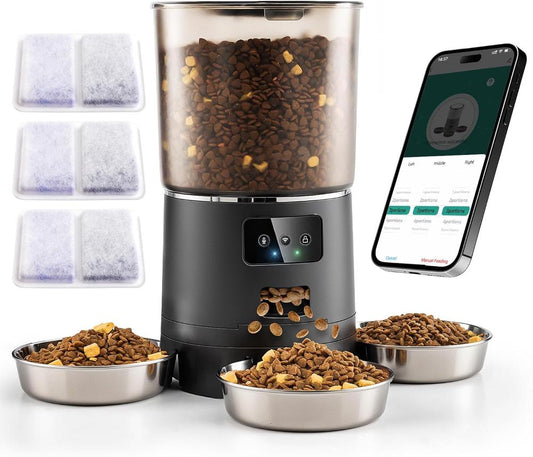 WiFi Smart Cat Feeder for 3 Cats, 6L Capacity, Anti-Clog System & Double Desiccant – Also Suitable for Small Dogs